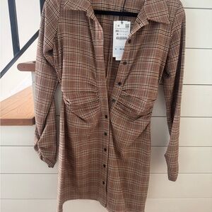 Zara Brown Plaid Shirt Dress
